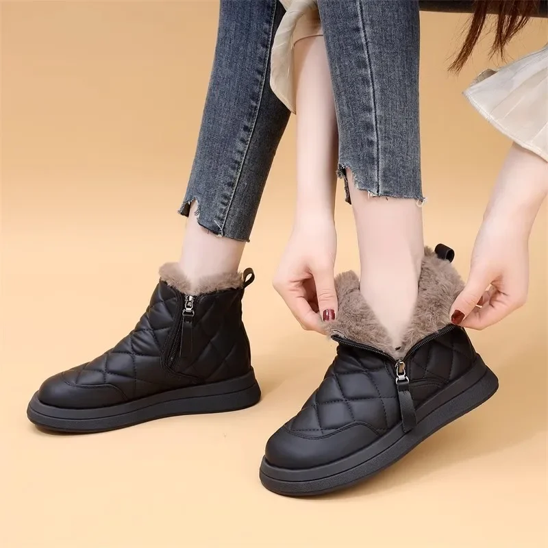 Женская обувь 2023, брендовые женские ботинки на молнии, зимние, с круглым носком, из плотного плюша, теплые, удобные, на низком каблуке, лаконичные повседневные зимние ботинки