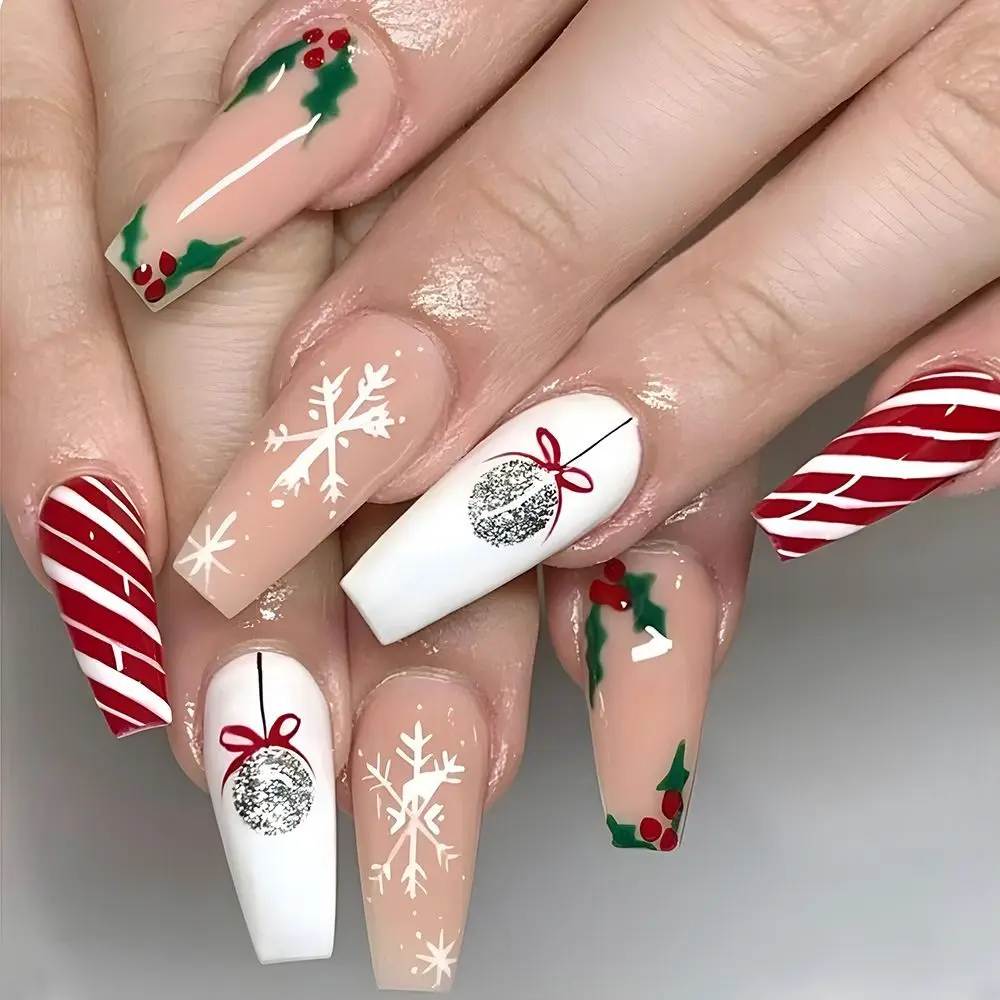 Рождественские Французские накладные ногти с квадратной головкой, Водонепроницаемый Носимый Маникюр, Полное покрытие, Балерина, Накладные ногти, Типсы для ногтей для девочек