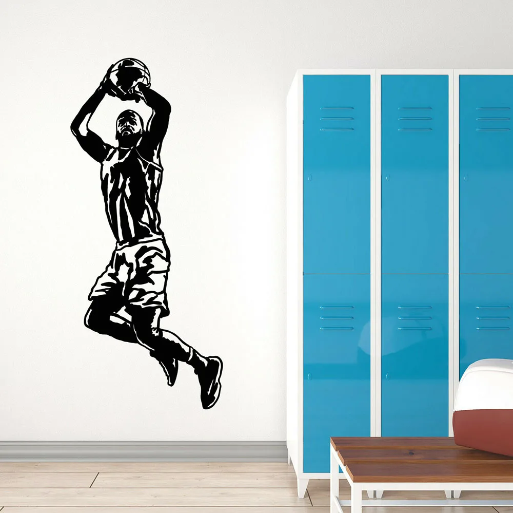 Виниловые наклейки на стены для баскетболистов, виниловые наклейки на стены, прыгающий баскетболист, наклейки для комнаты мальчика с мячом
