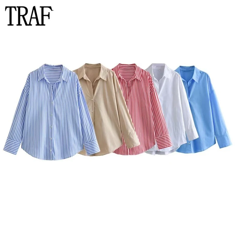 Женская длинная рубашка в полоску от TRAF, женская рубашка на пуговицах оверсайз, женские рубашки и блузки с воротником, повседневный топ с длинным рукавом, женский топ в стиле кэжуал.