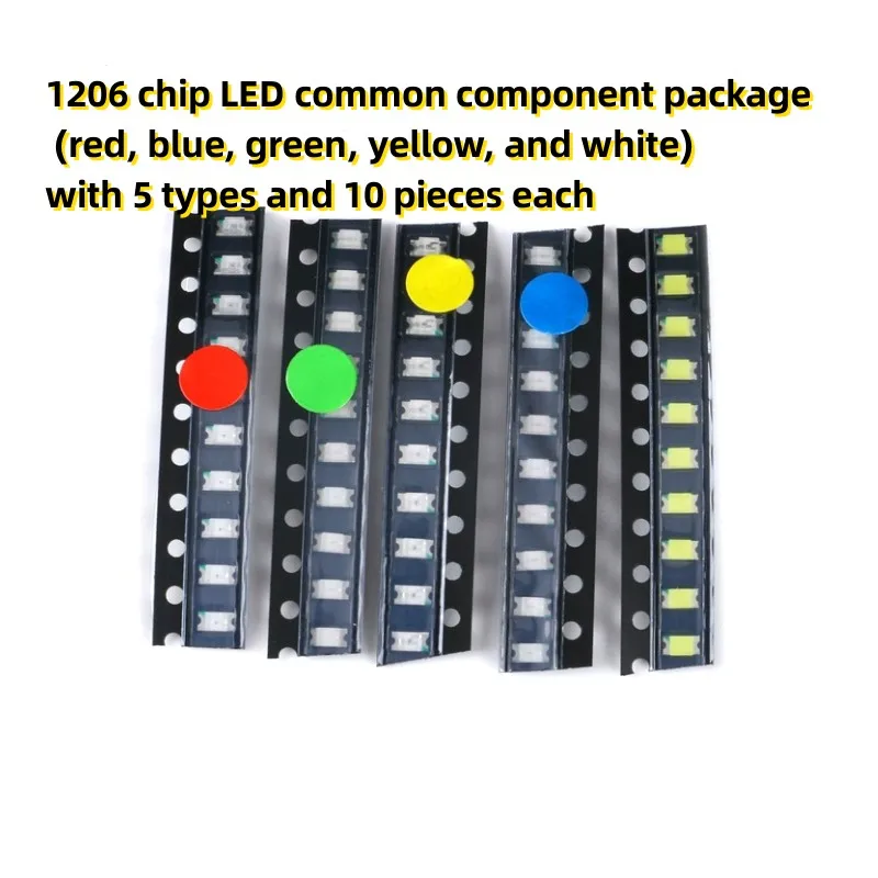 Общий комплект компонентов со светодиодами на чипе 1206 (красный, синий, зеленый, желтый и белый) 5 типов по 10 штук в каждом
