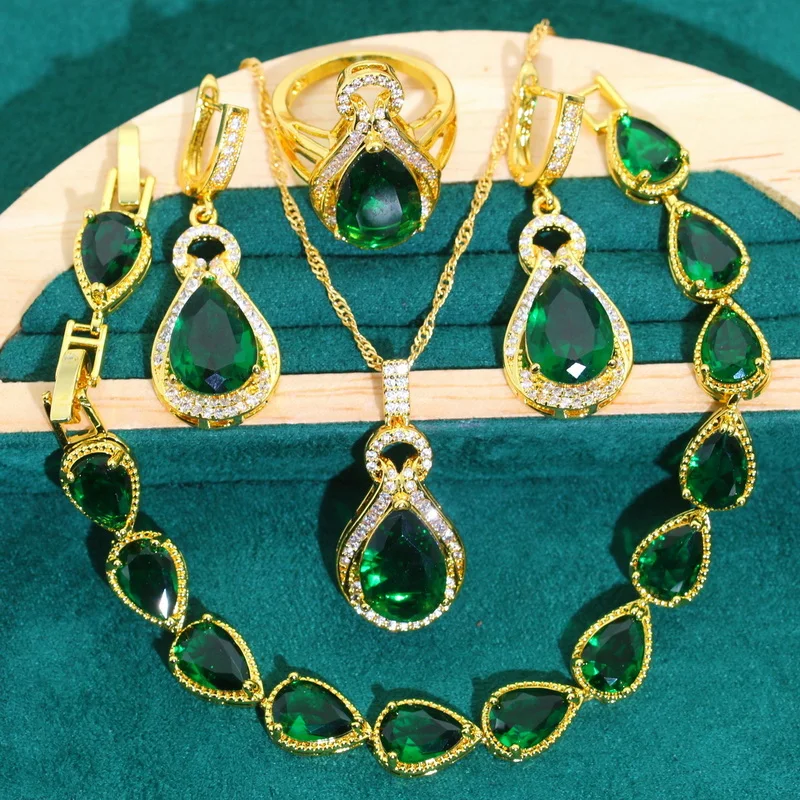 Наборы свадебных украшений золотого цвета Для женщин, Серьги с зеленым цирконием, ожерелье, Кулон, Кольцо, браслет, подарки для свиданий
