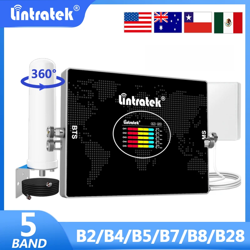 Lintratek 5-полосный Усилитель Сотовой Связи B28 700 900 1800 2100 2600 МГЦ B2 B4 LTE 2G 3G 4G Усилитель Сигнала Мобильный Жнец 70dB AGC