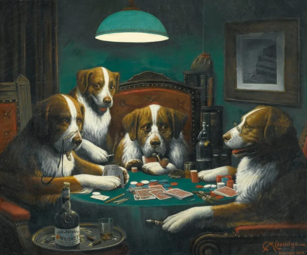 Знаменитое Животное Настенное Художественное изображение Холст, масло Собаки, Играющие В покер, 1894 г. Кассиус Марцеллус Кулидж Домашний Декор Ручная Роспись