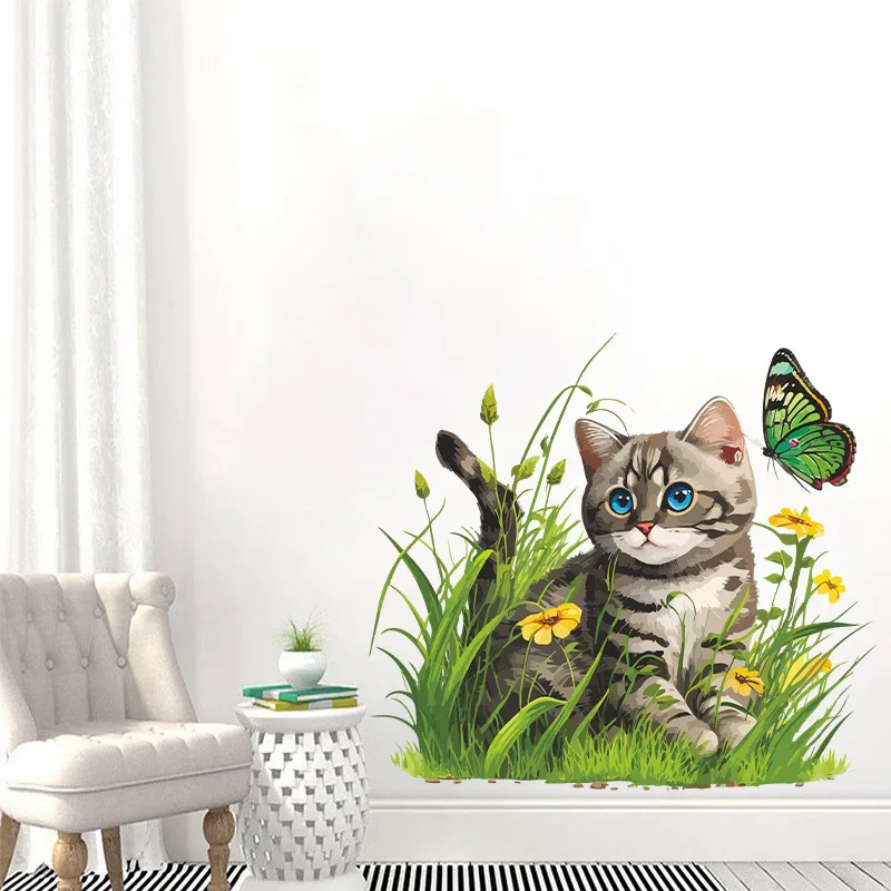 наклейка на стену с рисунком кота 1 шт. Настенный декор с рисунком Кота в траве на заднем плане