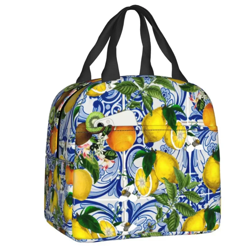 Средиземноморский лимон на синей керамической плитке, изолированная сумка, Герметичный Летний термохолодильник для цитрусовых, сумка для ланча, Пляжная сумка