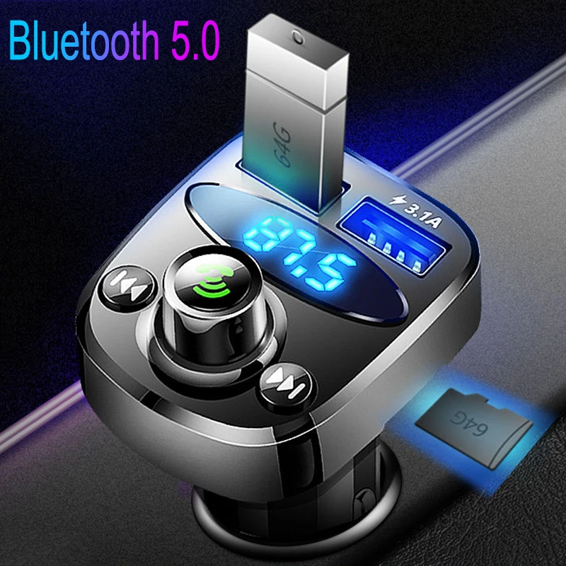 JINSERTA Bluetooth 5.0 FM-передатчик Модулятор Радиоадаптер Автомобильный звонок по громкой связи Два порта USB 3.1A Зарядное Устройство Mp3-плеер