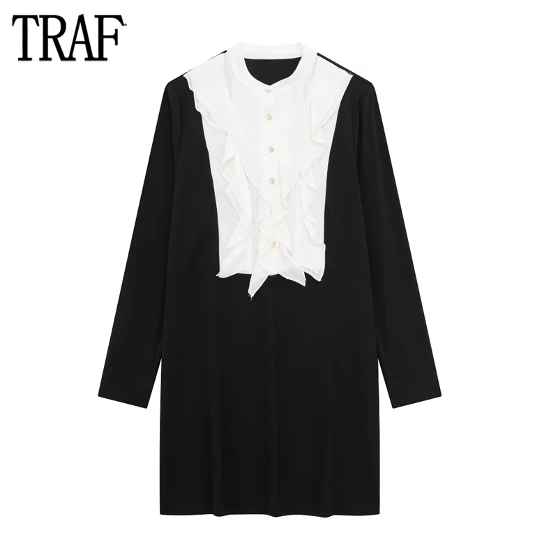 Женское платье-рубашка с оборками TRAF, черные, белые Короткие платья для женщин, офисное платье с длинным рукавом, женская уличная одежда, женское платье на пуговицах.