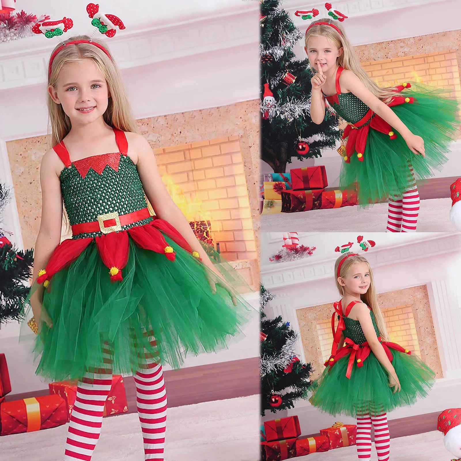 Зеленые рождественские костюмы эльфов для косплея для детей, платье-пачка для рождественской вечеринки для девочек, детский праздничный костюм Эльфа Санта-Клауса Disfraz