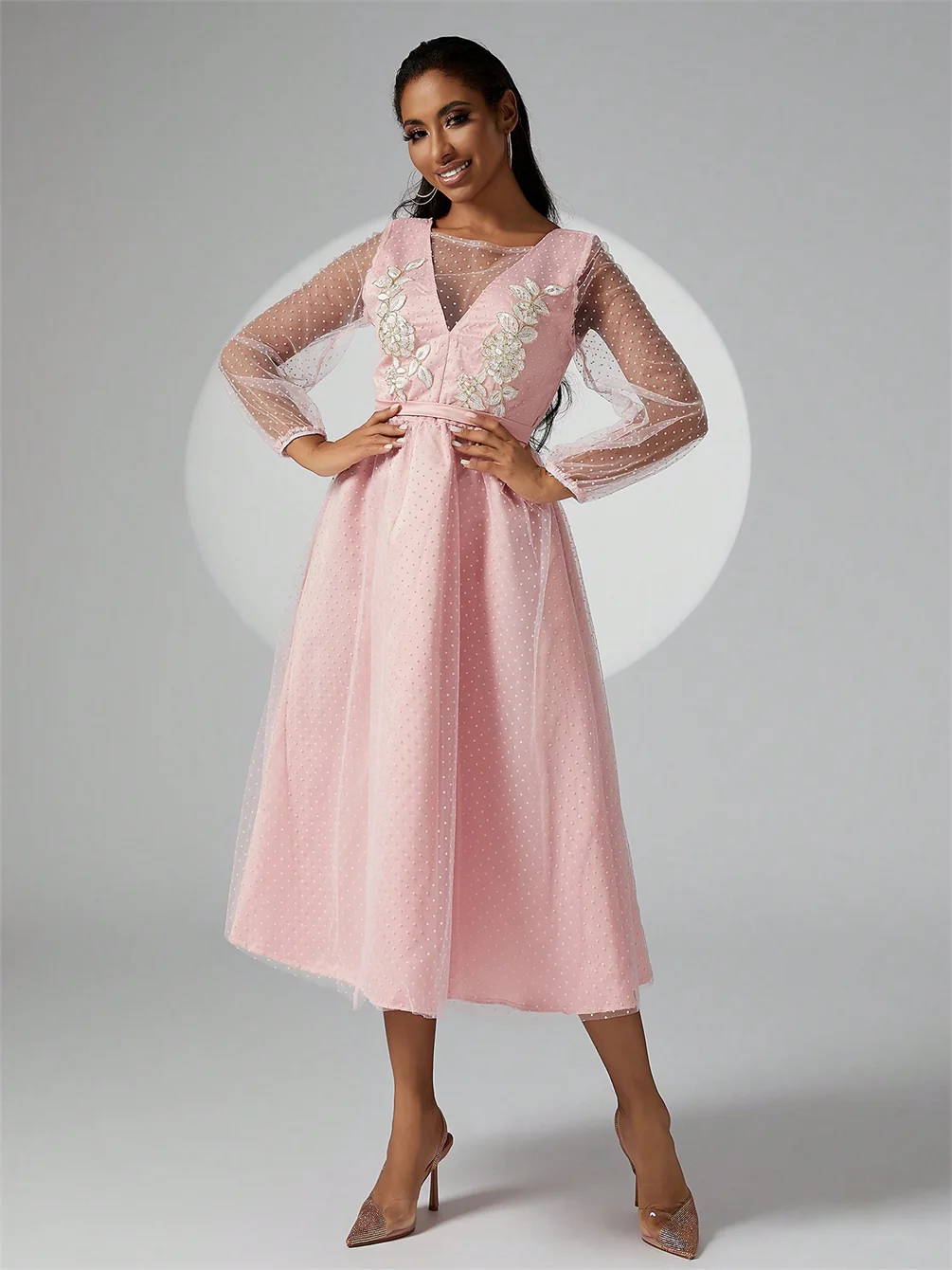 Элегантное женское вечернее платье Нежно-розового цвета Женское платье из фатина с длинным рукавом Роскошное платье Праздничное платье