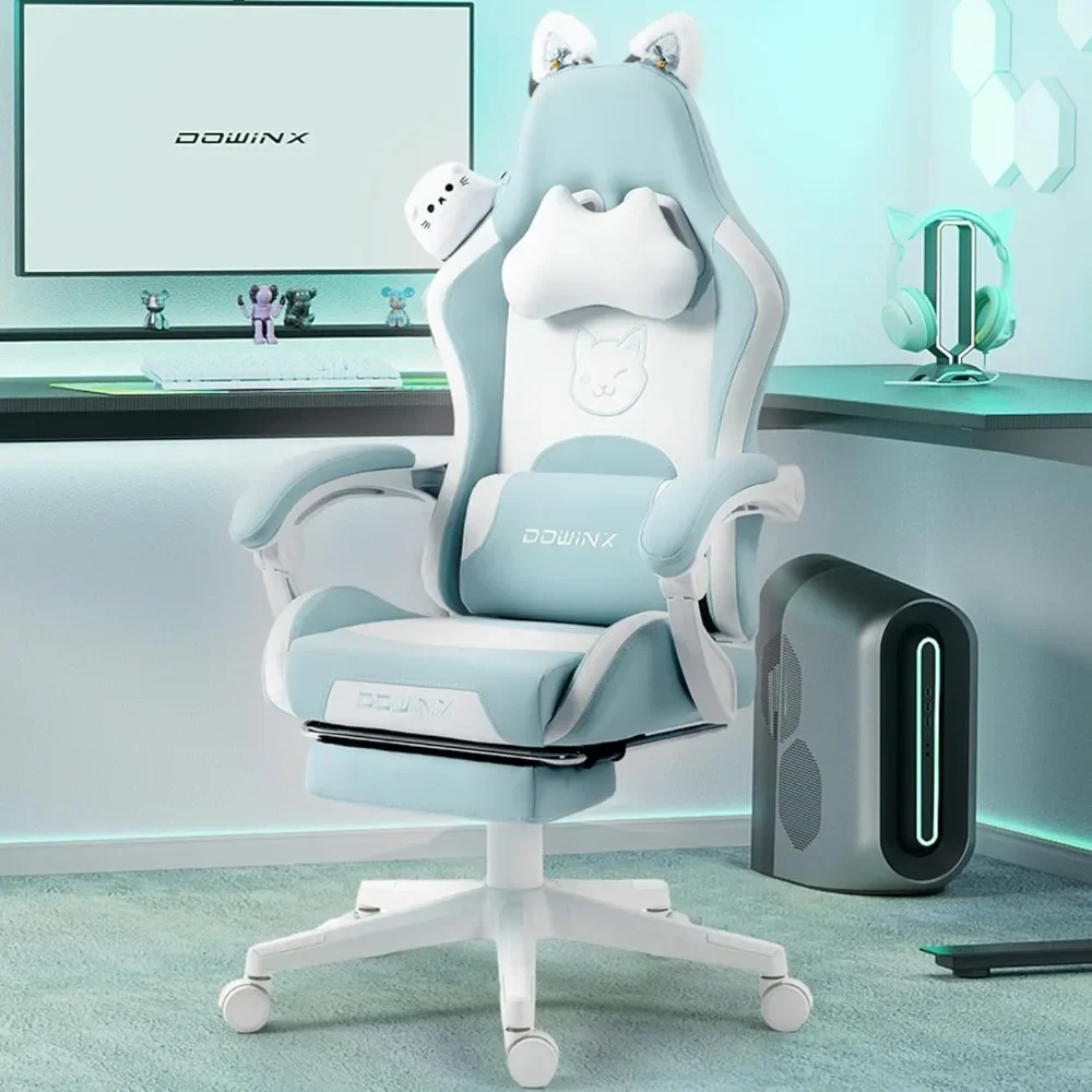 Симпатичное игровое кресло с кошачьими ушками и массажной поясничной поддержкой, эргономичное компьютерное кресло для девочки с подставкой для ног и подголовником