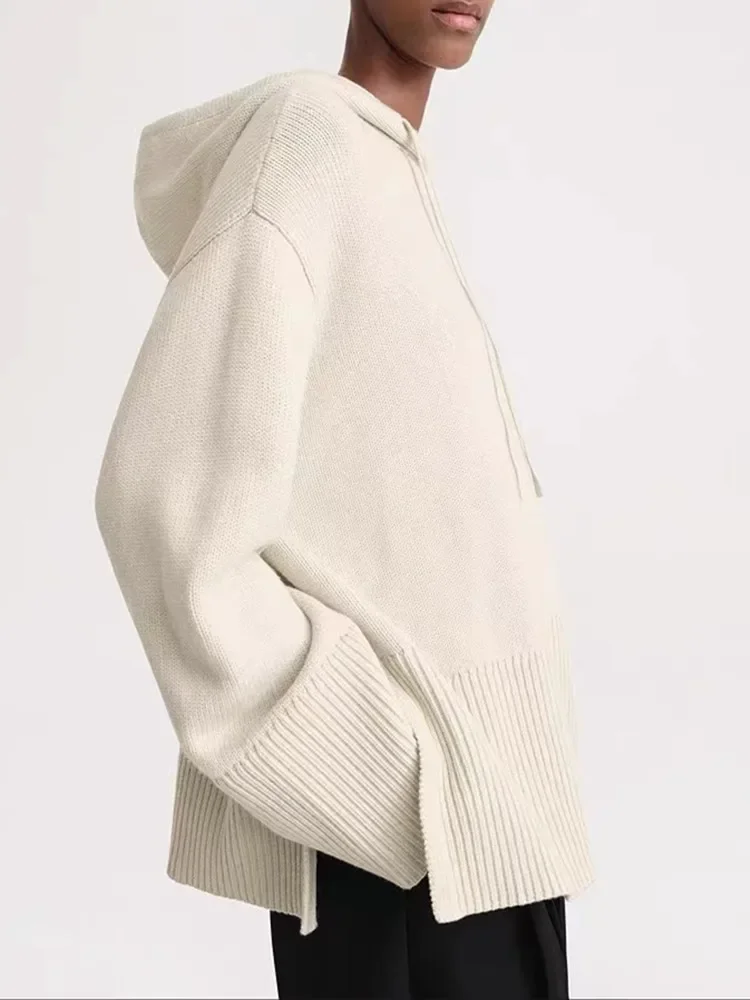 Вязаный свитер с капюшоном для дам 2023 года, Новые зимние шерстяные смеси, разрез по низу, Простой Свободный повседневный пуловер с длинным рукавом 0