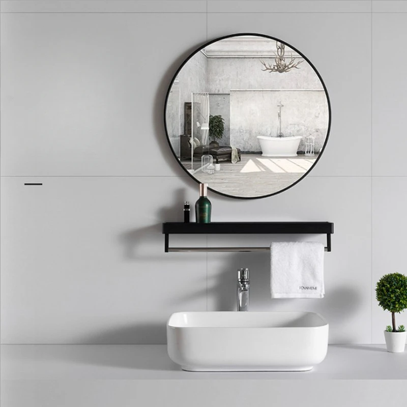 Скандинавское круглое зеркало для ванной комнаты с полкой, неперфорированное зеркало для ванной комнаты, рамка для туалетного зеркала