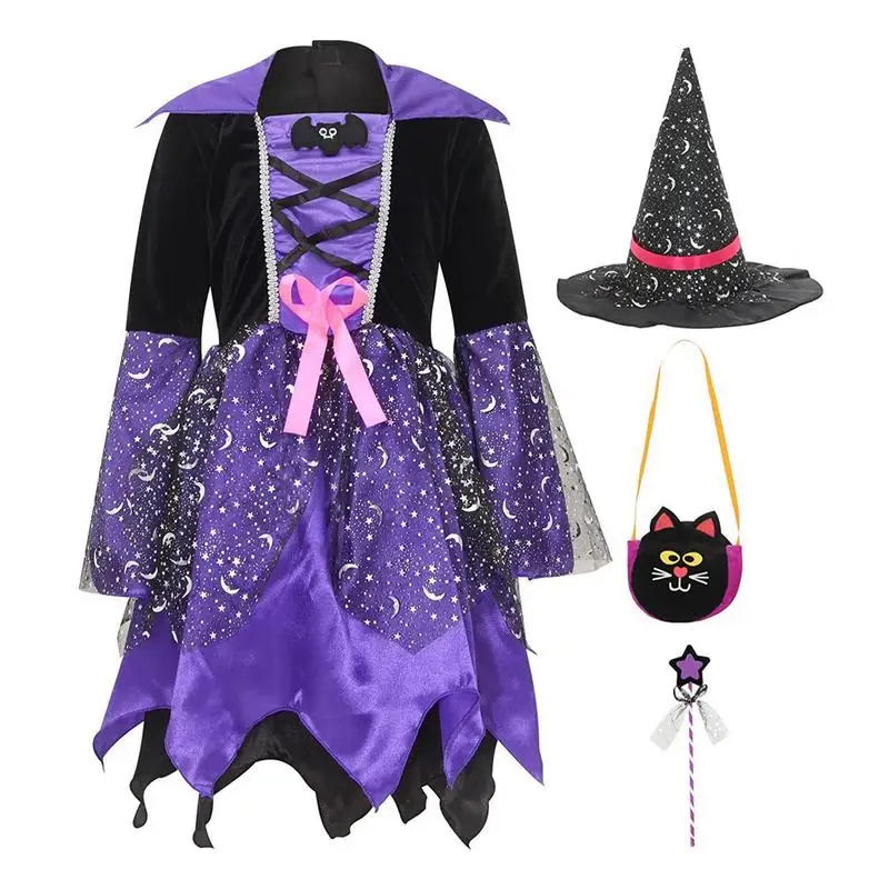 Комплекты костюмов ведьмы на Хэллоуин, роскошное платье ведьмы, аксессуары для костюмированной вечеринки, сказочное платье для девочек 3-12 лет