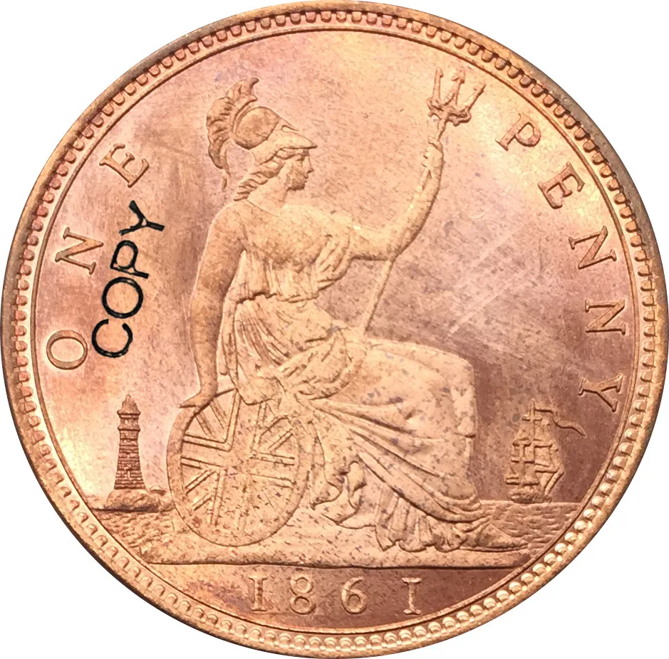 Великобритания Виктория 1861 г. Копировальная монета из красной меди достоинством в один пенни.