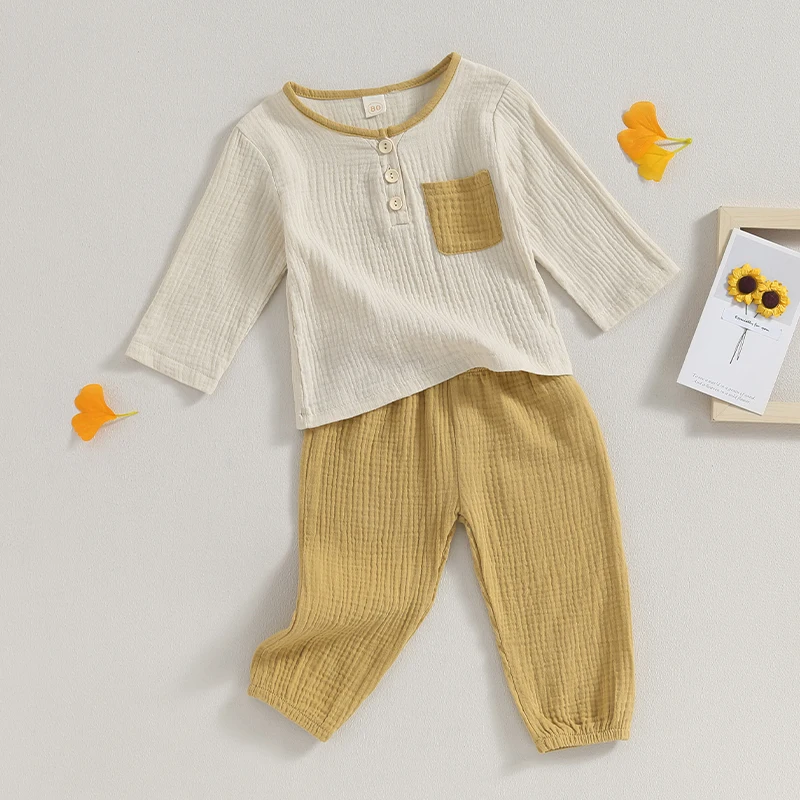 Осенняя одежда для маленьких мальчиков контрастного цвета, футболка с круглым вырезом и брюки для малышей, комплекты белья из двух предметов