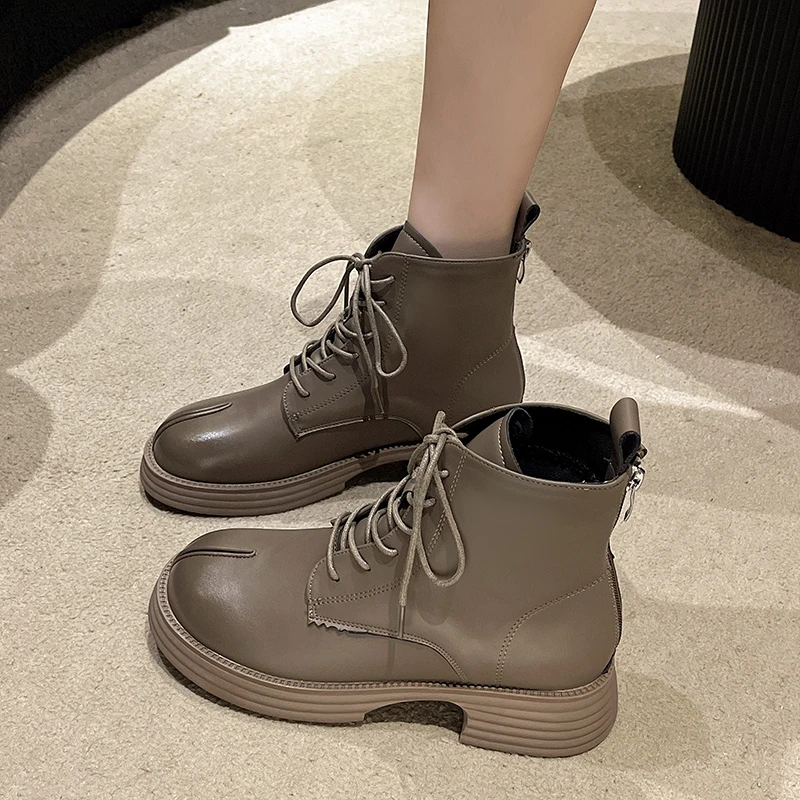 Женские ботинки, зимняя обувь для женщин, роскошные дизайнерские ботинки на плоской подошве с круглым носком-Женские ботинки на шнуровке 2023, модные резиновые низкие Элегантные