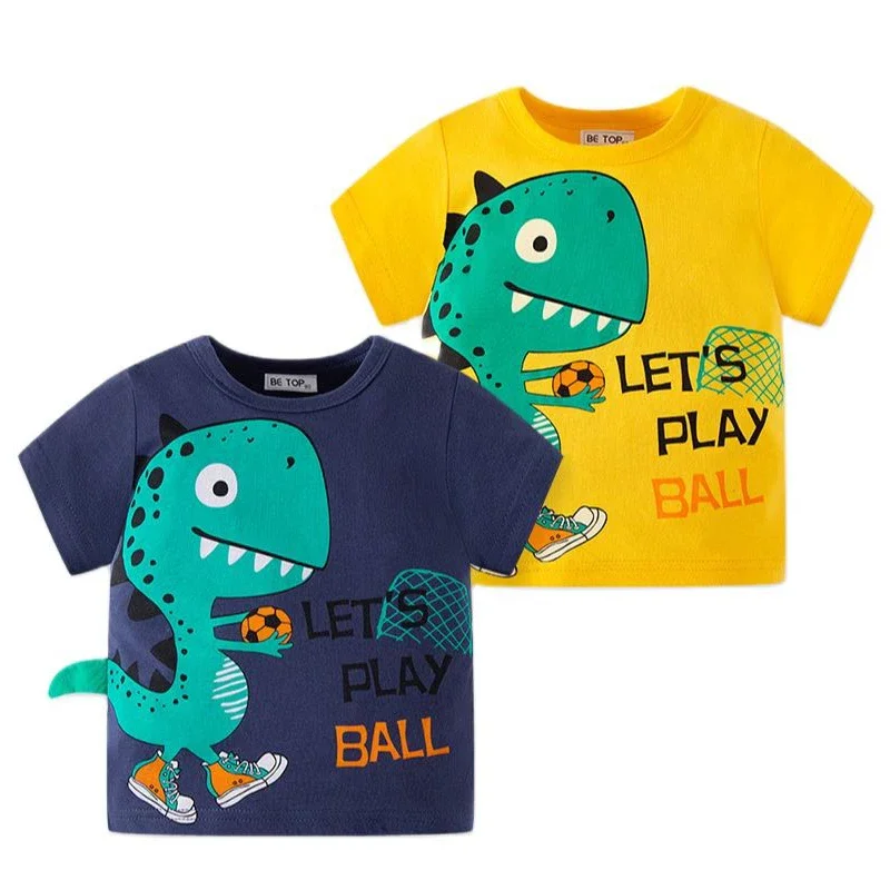 Детская футболка Летняя для мальчиков от 2 до 8 лет, хлопковая футболка с круглым вырезом и коротким рукавом с динозавром из мультфильма для малышей
