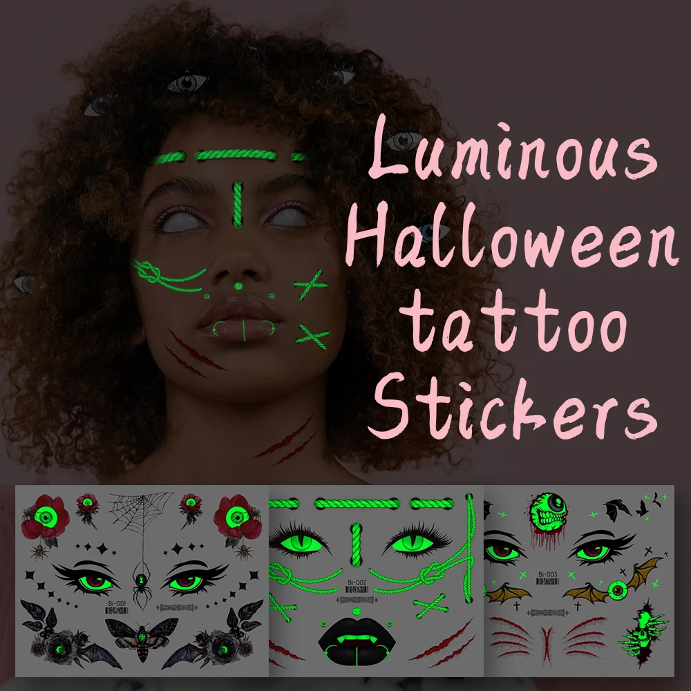 Светящаяся наклейка с татуировкой на лице на Хэллоуин, Временный водонепроницаемый дизайн шрамов для боди-арта, поддельные татуировки, Женская фестивальная косметика.