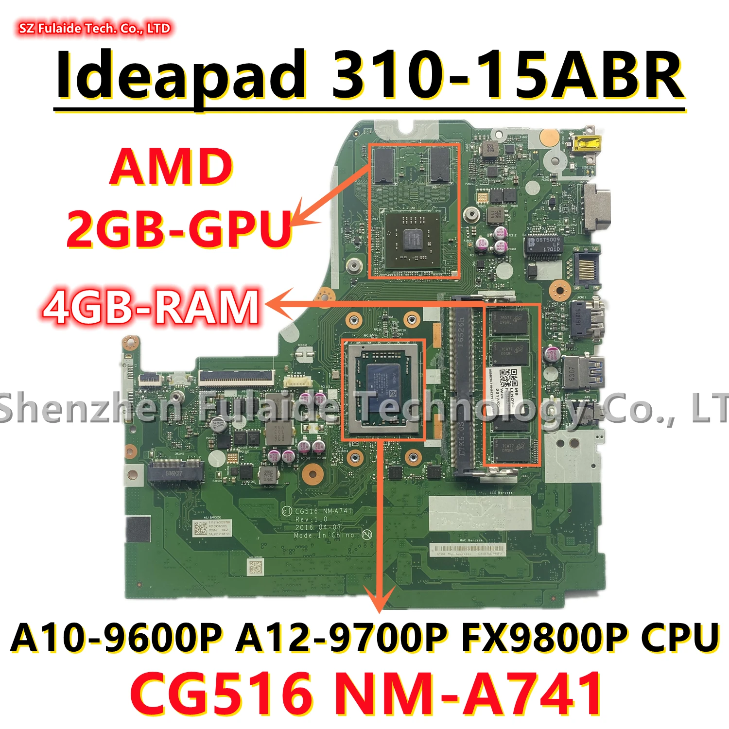 CG516 NM-A741 NMA741 Для материнской платы ноутбука Lenovo IdeaPad 310-15ABR С процессором A10-9600P A12-9700P FX9800P AMD 2 ГБ GPU 4 ГБ оперативной памяти