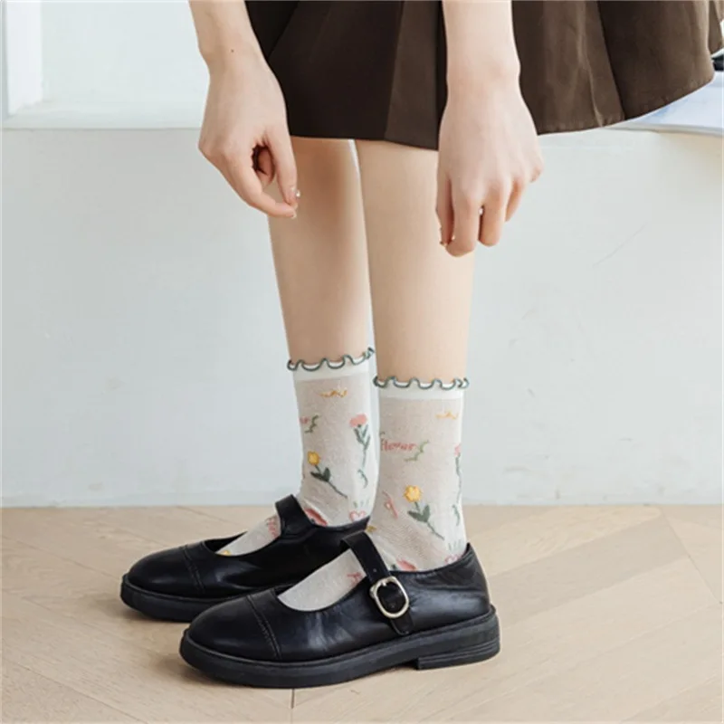 INS Wind, Весенне-летний новый продукт, Тонкие сетчатые носки для женщин, милые носки с ушками для колледжа, Маленькие носки в цветочек, Средние носки-трубочки, Сетчатый красный носок