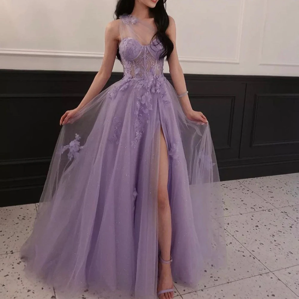 Вечерние платья ROSELLA Lilac на одно плечо с аппликациями, длина до пола, трапециевидное женское платье с высоким разрезом, новинка 2023 года