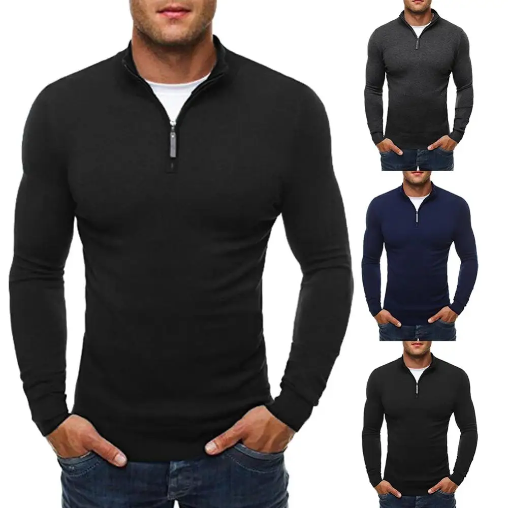 Шикарный мужской однотонный пуловер с воротником-стойкой, длинный рукав, Вязаный свитер на молнии, Верхняя блузка под пальто