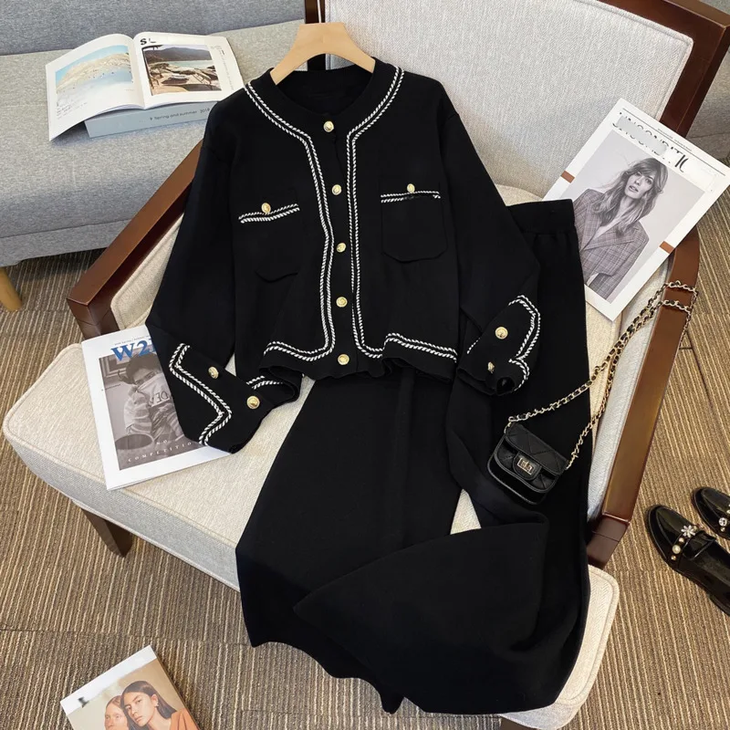 Женские черные костюмы большого размера 4XL, Элегантные женские топы и брюки, комплект из двух предметов, женский вязаный дизайнерский комплект, универсальный комплект для пригородных поездок. 0