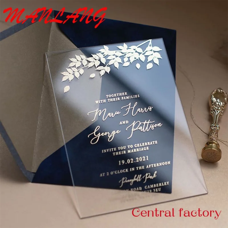 Изготовленный на заказ логотип фабрики и профессиональная визитка для дизайна, изготовленный на Заказ Акриловый ПВХ Прозрачный пригласительный билет на свадьбу