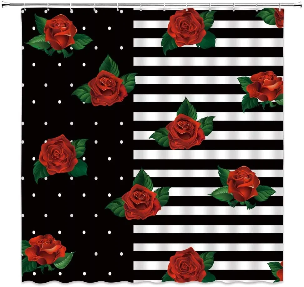 Черно-белые полосы На фоне Занавески для душа Цветок Розы Белые точки Креативный Дизайн Домашний Декор Занавеска для ванны Полиэфирная ткань