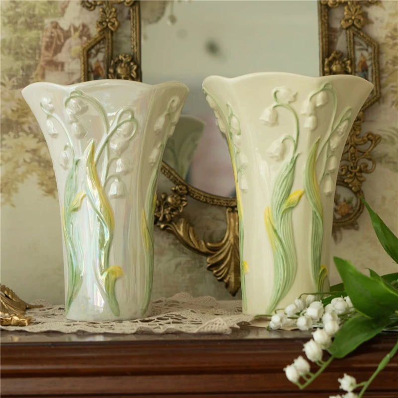 Европейская ваза с рельефом ландыша, поделки ручной работы, белая красочная керамическая ваза, украшение для дома, гидропонные цветочные орнаменты