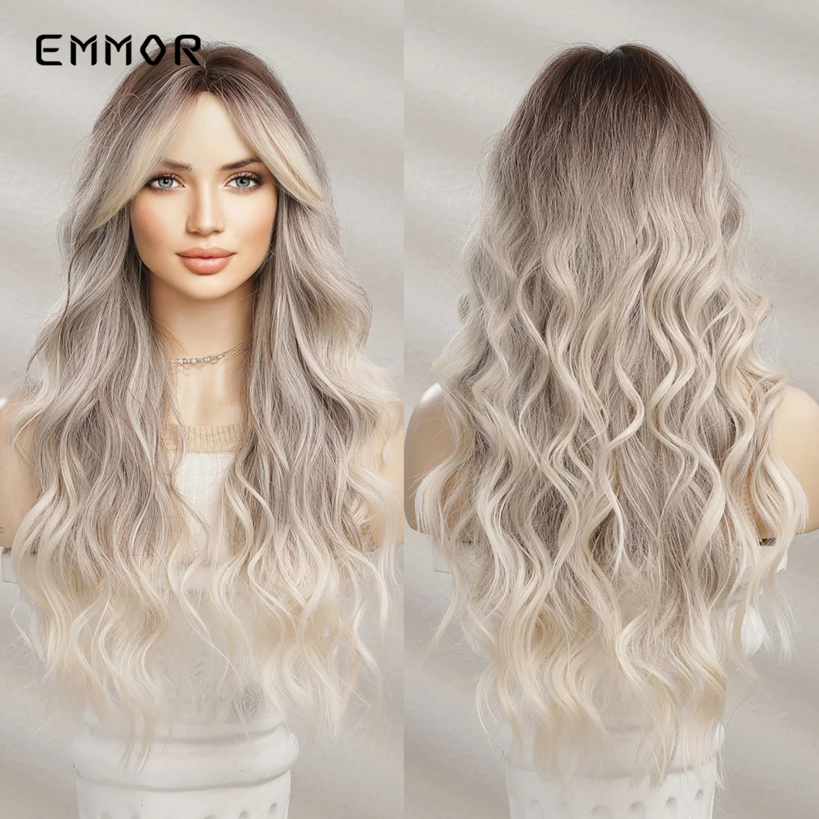 Emmor Ombre Коричневый Блондин, Длинные Прямые синтетические парики с челкой, Косплей-парик для женщин, высококачественные Натуральные искусственные волосы
