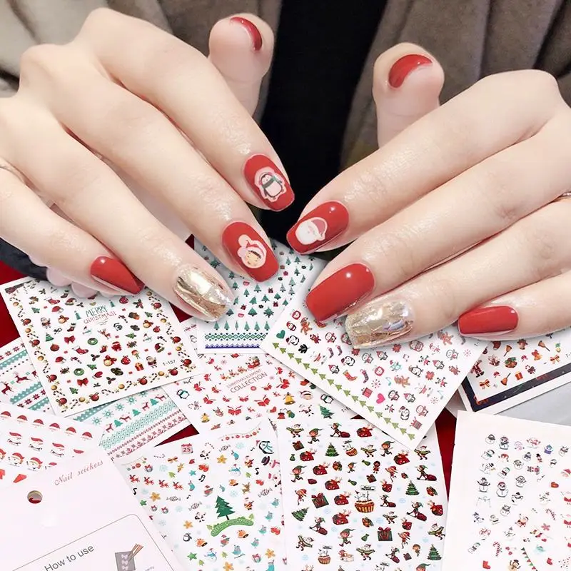 НОВАЯ красота для ногтей, Дешевые Рождественские наклейки, Колокольчики Санта-Клауса, Рождественские Чулки, наклейки для ногтей, Конфеты, Рождественская елка, Бант, 3D Наклейка для ногтей
