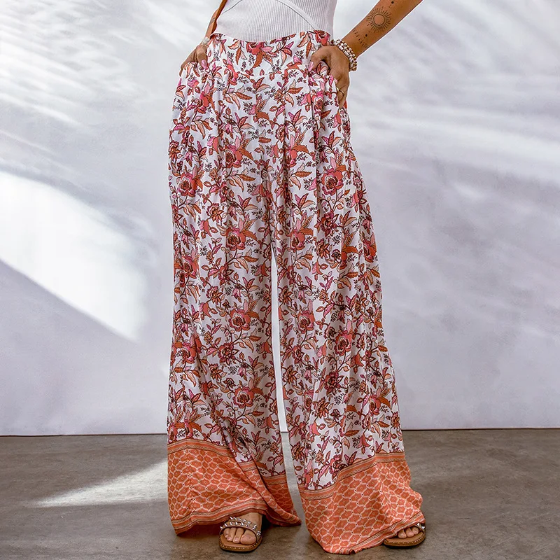 Летние женские брюки с высокой талией, свободными складками с цветочным принтом и укороченные повседневные брюки 1