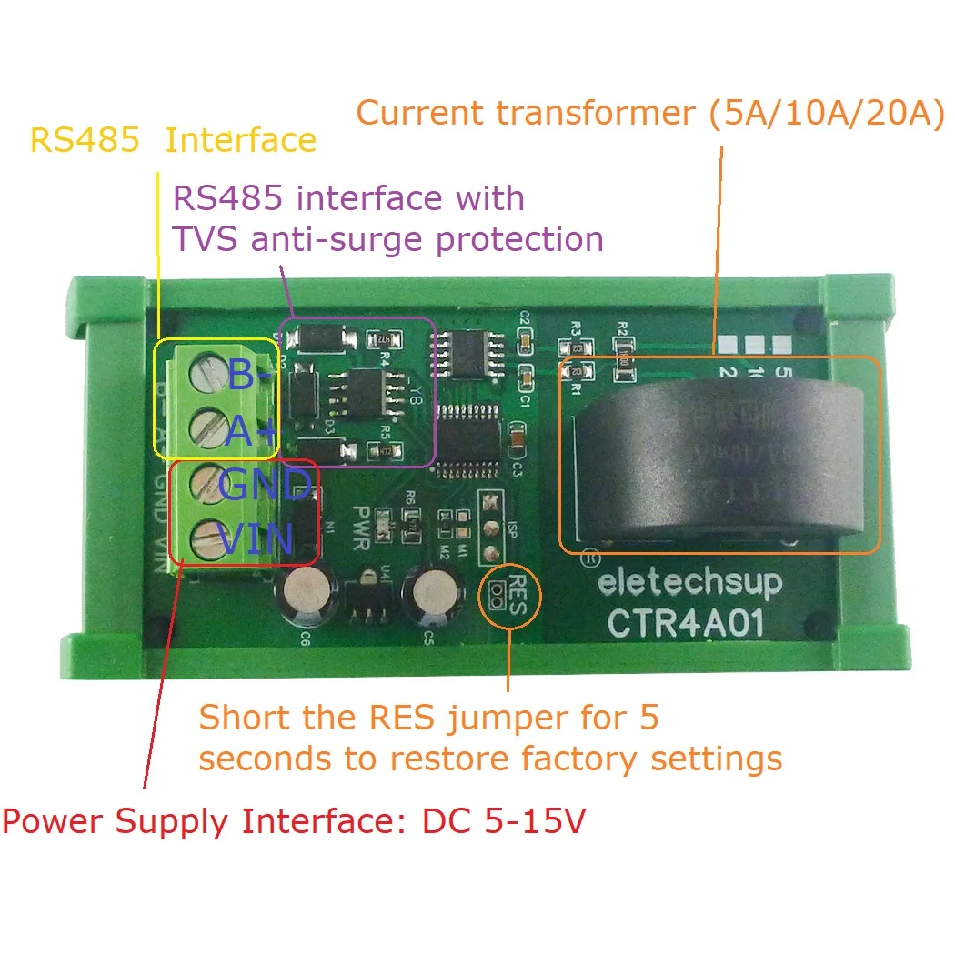 5ШТ CTR4A01 5A/10A/20A Модуль амперметра трансформатора переменного тока RS485 MODBUS 3