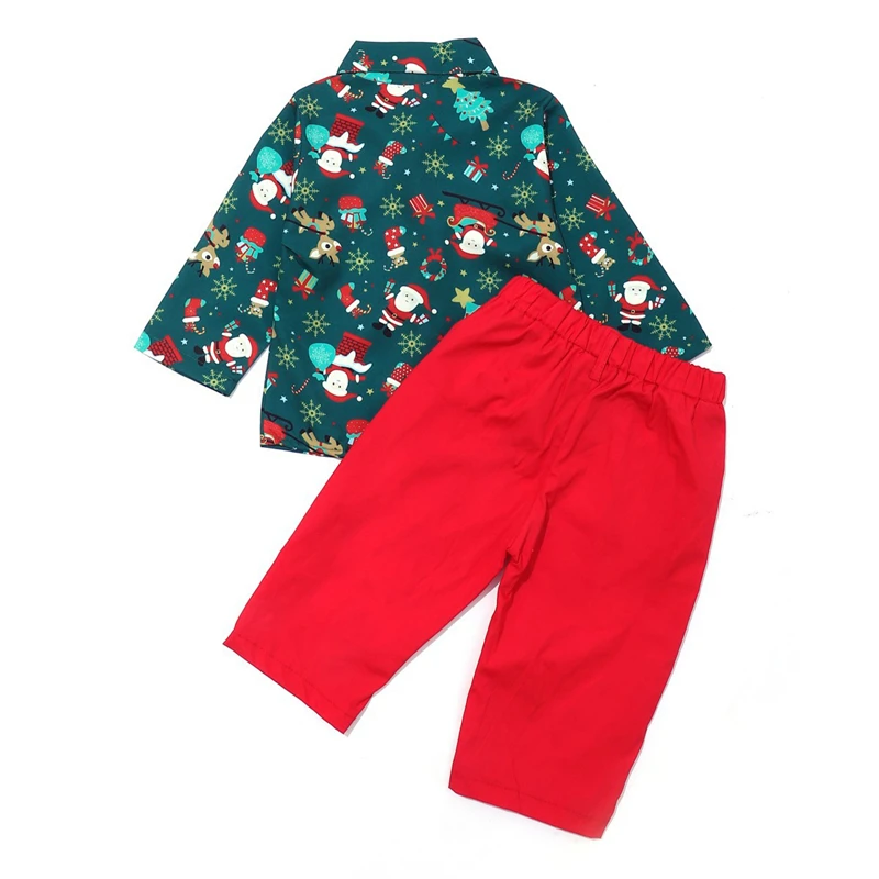 Детские Комплекты рождественской одежды для детей 1-5 лет, рубашка с длинным рукавом, Брюки, одежда из 2 предметов, осенне-весенние рубашки для мальчиков, Санта-Клаус на Рождество 3