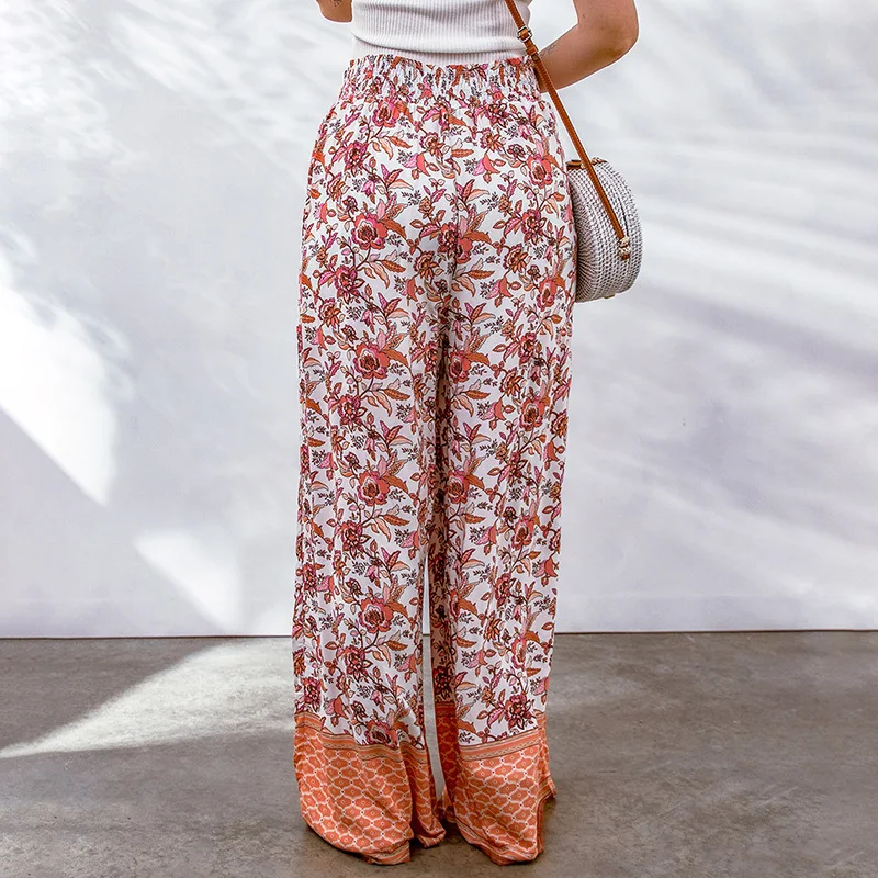 Летние женские брюки с высокой талией, свободными складками с цветочным принтом и укороченные повседневные брюки 3