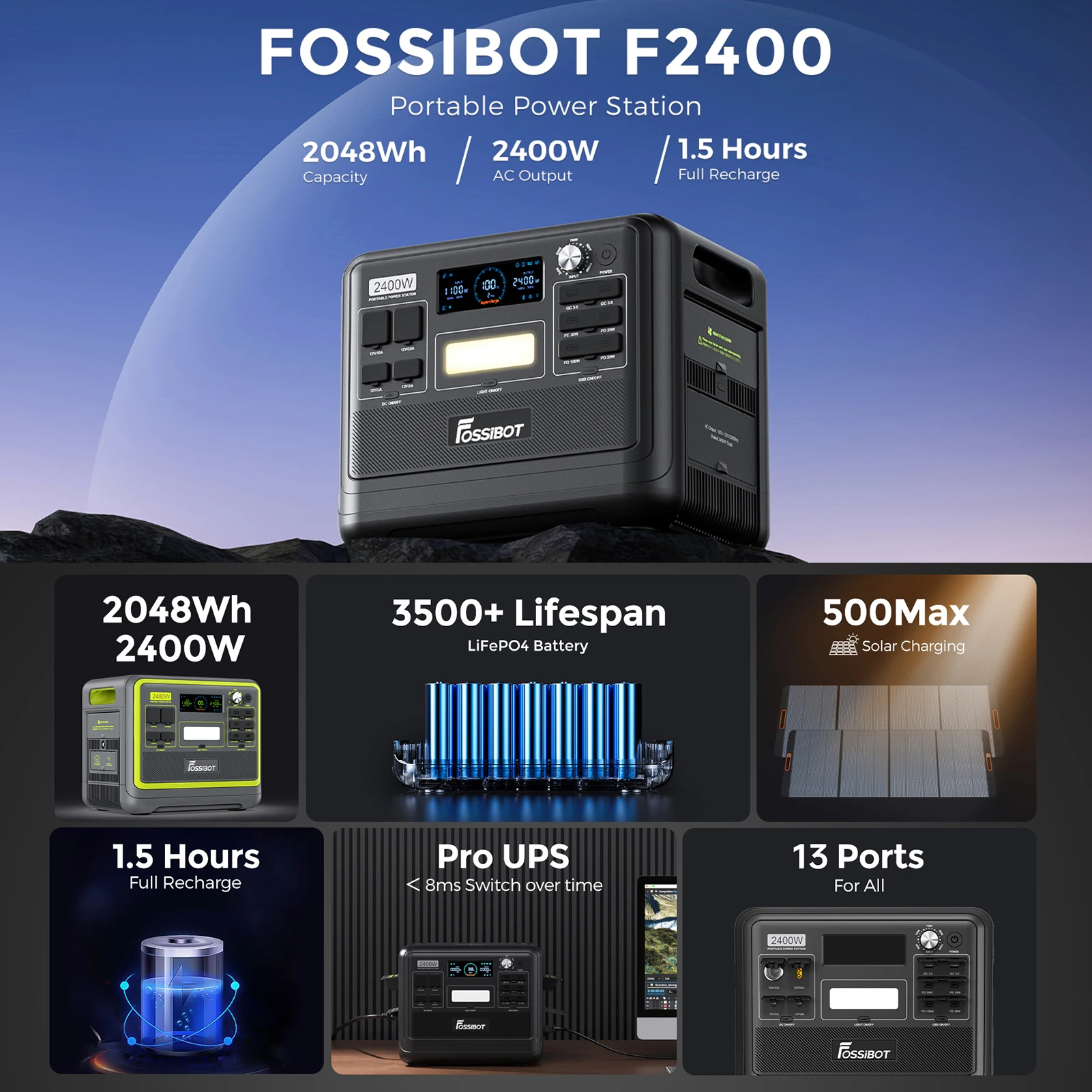 Электростанция Fossibot F2400 с солнечной панелью SP200, переносная тележка, солнечный генератор, аварийный аккумулятор для кемпинга 4