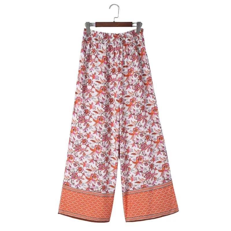 Летние женские брюки с высокой талией, свободными складками с цветочным принтом и укороченные повседневные брюки 4