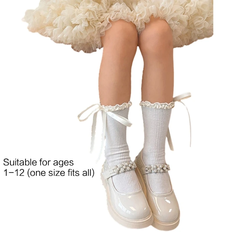 Гольфы до колена со шнуровкой и бантом, хлопковые носки до середины икры, весенние вязаные носки для маленьких девочек с рюшами 5