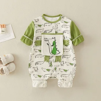 2023 Ins, Осенний комбинезон для маленьких мальчиков, Хлопковый комбинезон с длинными рукавами в стиле пэчворк с мультяшными динозаврами, Боди для новорожденных мальчиков, одежда для маленьких мальчиков