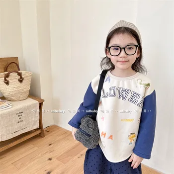 2023 Весна Осень Корейская Детская Рубашка для девочек С буквенным принтом в стиле пэчворк Свободные Топы Хлопчатобумажный Толстый Пуловер Детская Рубашка для девочек 0