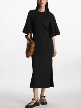 2023 Летнее женское повседневное платье Миди с круглым вырезом и рукавом-шалью, женские черные модные свободные платья-футболки