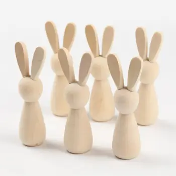6шт деревянных кукол-кроликов, сделанных своими руками, неокрашенных, из натурального дерева, маленьких кукольных поделок, орнамент, подходящий для украшения пасхальных поделок.