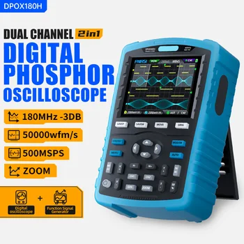 DPOX180H Двухканальный портативный цифровой осциллограф 180 МГц-3 ДБ Функциональный генератор сигналов 2в1 с флуоресцентным дисплеем И ЗУМОМ