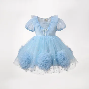 HoneyCherry Новое платье для девочек, милая детская одежда небесно-голубого цвета, сетчатые платья с короткими рукавами, одежда для девочек