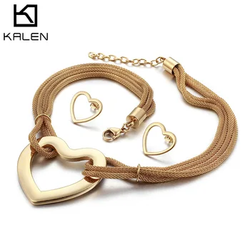 Kalen Gold & Color Наборы ювелирных изделий из нержавеющей стали для женщин, Богемия, Ожерелье с подвеской в виде полого сердца, Серьги, Наборы подарков для любимых 0