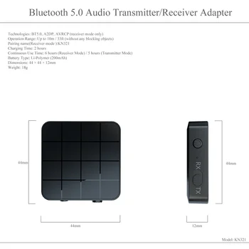 Kn321 Bluetooth-совместимый приемник аудиопередатчика 5.0 2 В 1 Двухканальный адаптер True Stereo Audio Прямая поставка 5