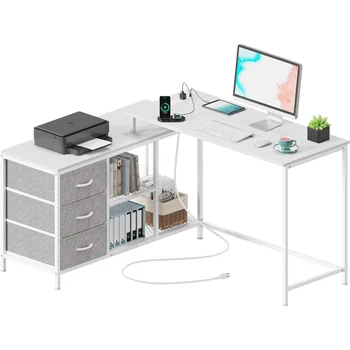 L-образный письменный стол SUPERJARE с розетками, компьютер с выдвижными ящиками и полками, Угловой игровой стол для домашнего офиса, белый