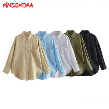 MNCCMOAA-Винтажные зеленые льняные рубашки с длинным рукавом для женщин, повседневные карманы, Свободные блузки, Женские топы, весна, лето, 2024 0